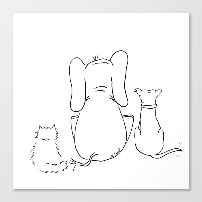 Cat, elephant, and dog friendship trio Canvas Print | Drawing, Digital, Elephant, Cat, Dog, Pit-bull, Cat-dog-elephant, Black-and-white, Drawing, Gift