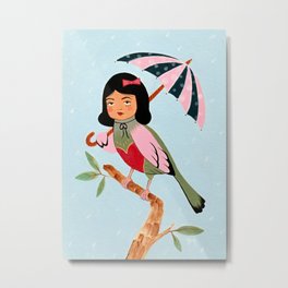 Weather the Storm Metal Print | Rustic, Birdgirl, Pink, Folkart, Green, Painting, Birdonabranch, Modern, Rainyday, Bird 