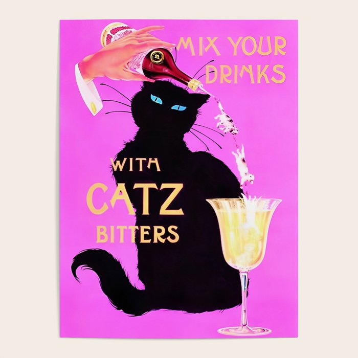 Rare pink Mix Your Drinks with Catz (Cats) Bitters Aperitif Liquor Vintage Advertising Poster