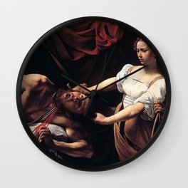 JUDITH BEHEADING HOLOFERNES - CARAVAGGIO  Wall Clock | Handpainted, History, Gentileschi, Artistic, Red, Famous, Feminist, Dark, Painting, Iconic 