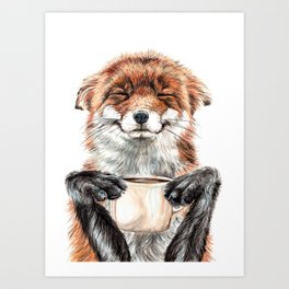 " Morning fox " Red fox with her morning coffee Kunstdrucke | Morning, Animalcoffee, Watercolor, Wildlifepainting, Curated, Foxlove, Cutefox, Foxdrinkingcoffee, Cute, Coffee 