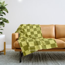 Yellow/Olive Color Smiley Face Checkerboard Throw Blanket | Smiley, Smile, Squares, Geometric, Checkered, Simple, Y2K, Tiles, Cute, Checker 