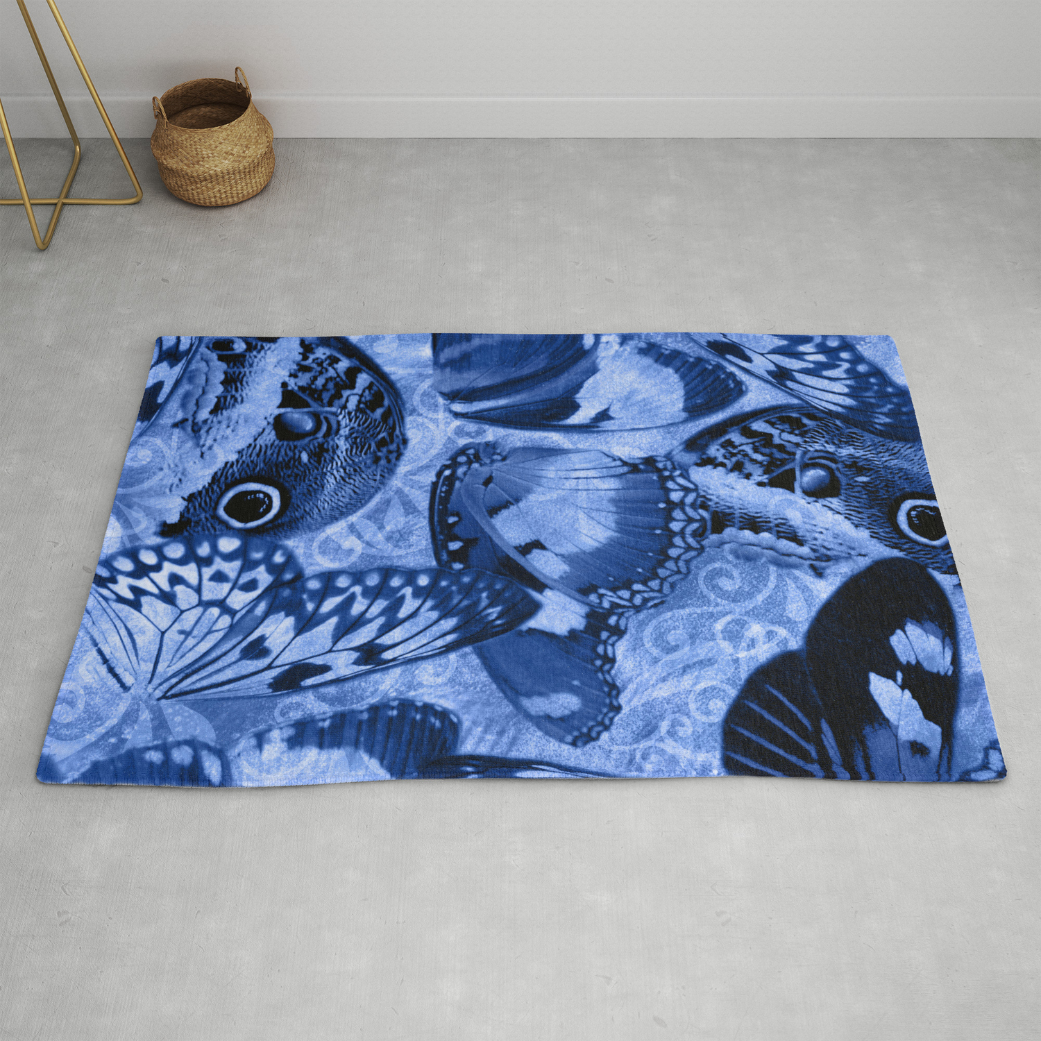 Blue Exotic Butterfly Wings And Scroll Collage Rug By