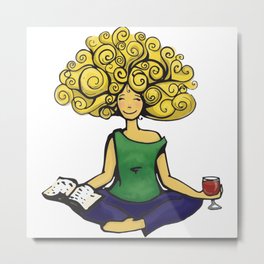 All is well when you have books, wine, and yoga Metal Print | Girl, Zen, Innerpeace, Ink Pen, Digital, Happyyoga, Drawing, Books, Curls, Blonde 