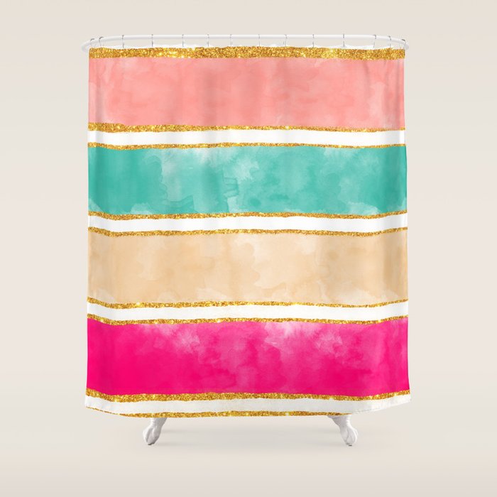 Modern Stripes Pink Red Watercolor Gold Glitter Shower Curtain by Girly