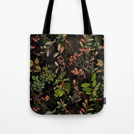 Vintage & Shabby Chic - vintage botanical wildflowers and berries on black Tote Bag