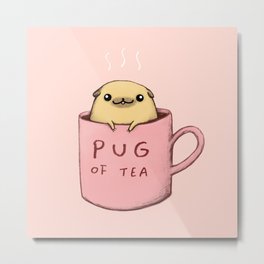 Pug of Tea Metal Print | Pink, Drawing, Cute, Comic, Pug, Illustration, Food, Adorable, Tea, Digital 