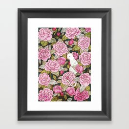 Cat and Roses Framed Art Print