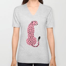 The Stare: Pink Cheetah Edition V Neck T Shirt | Tiger, Cat, Forest, Modern, Retro, Midcentury, Green, Cheetah, Tropical, Jungle 