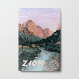 Zion National Park, Utah, USA Illustrated National Parks Metal Print | Hiking, Curated, Zion, Salt Lake City, National, Mountains, Arches, Utah, Mountain, Illustration 