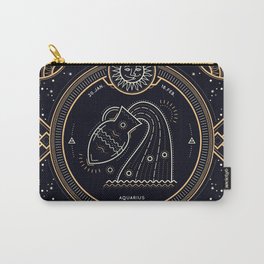 Aquarius Zodiac Golden White on Black Background Carry-All Pouch | February, Star, Frame, Sunsign, Astronomy, Astrology, Aquarius, Golden, Starsign, Horoscope 