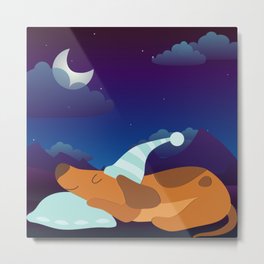 Adorable Sleeping Dog at Night  Metal Print | Night, Adorablepet, Illustration, Pet, Halfmoon, Pillows, Sleepingdog, Browndog, Nature, Graphicdesign 
