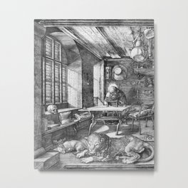 Saint Jerome in His Study by Albrecht Dürer Metal Print | Blackandwhite, Engraving, Albrechtdurer, Gallery, Lion, Painter, Desk, Artist, Jerome, Drawing 