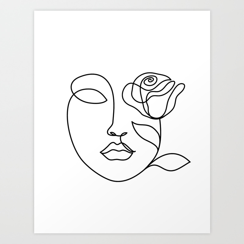 Beauty Woman Face With Rose Abstract Minimal Fine Art One Line