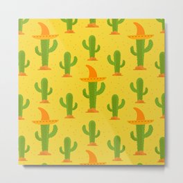 Cactus Pattern With Mexican Hat Metal Print | Cacti, Cute, Green, Dessert, Pattern, Mexican, Nature, Plant, Graphicdesign, Yellow 