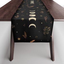 Moonlight Garden - Winter Brown Table Runner | Holiday, Graphicdesign, Xmas, Midnight, Wicca, Botanical, Moonlit, Magical, Snow, Newyear 