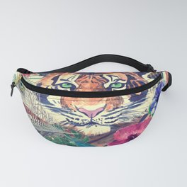 Vintage pattern tiger flowers feathers pineapple. Buddha head and Indian elephant Fanny Pack