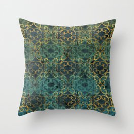Emerald and Gold Batik Scroll Throw Pillow