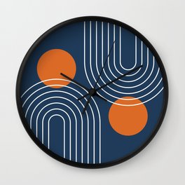 Mid Century Modern Geometric 83 in Navy Blue and Orange (Rainbow and Sun Abstraction) Wall Clock | Line, Orange, Boho, Modern, Navyblue, Creative, Abstraction, Pattern, Classy, Trendy 