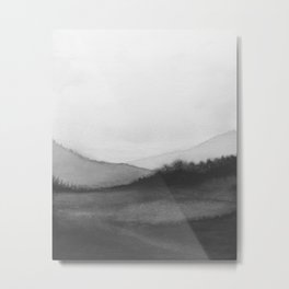 Deep Valley III - Black White Gray Forest Trees Foggy Hills Nature Watercolor Painting Art Print Metal Print | Forest, Pasture, Black And White, Foggy, Horizon, Watercolor, Misty, Lightgrey, Landscape, Mountain 