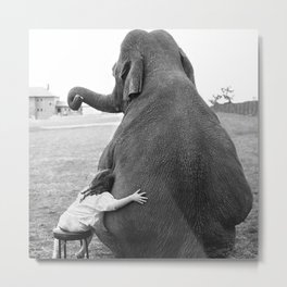 Odd Best Friends, Sweet Little Girl hugging elephant black and white photograph Metal Print | Curated, Photo, Pre Teens, Gentlegiant, Children, Girls, Littlegirls, Sweet, Circus, Littlegirl 