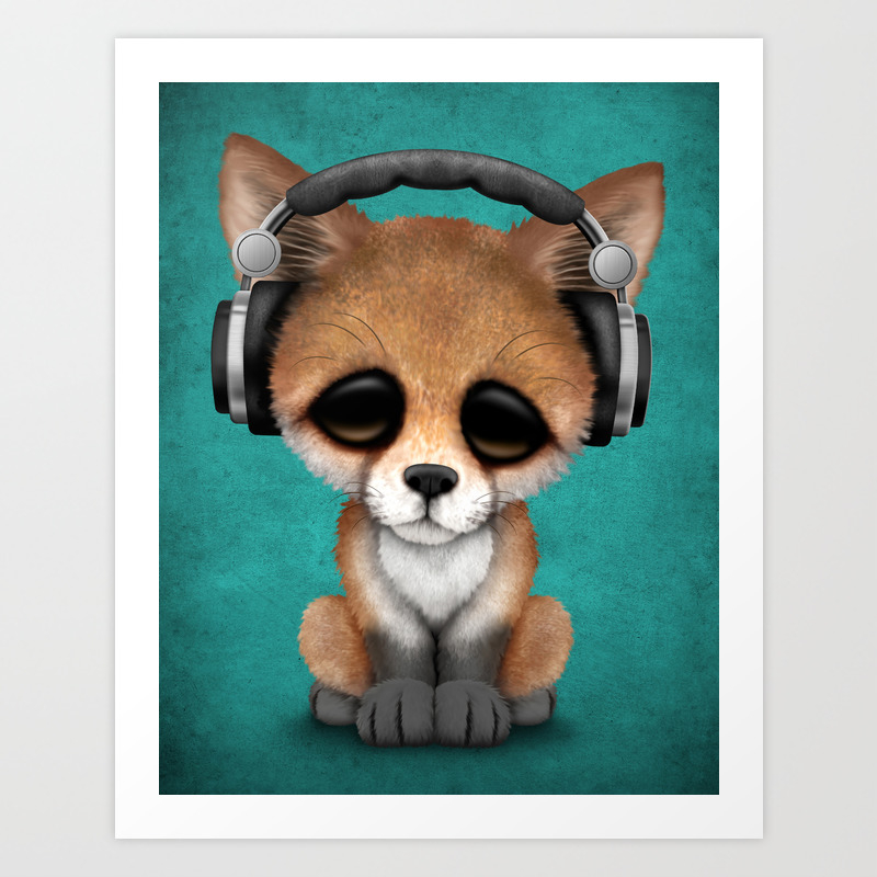 Cute Red Fox Cub Dj Wearing Headphones on Blue Art Print by Jeff Bartels |  Society6