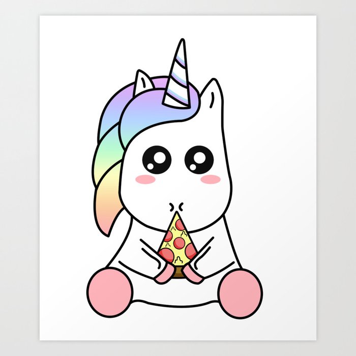 Cute Funny Kawaii Unicorn Eating Pizza Slice Magical Rainbow Art