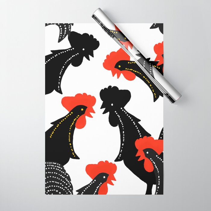 Black Roosters on White Background - Black Red White Color Palette #decor  #society6 #buyart Wrapping Paper by Päivi Vikström | Society6