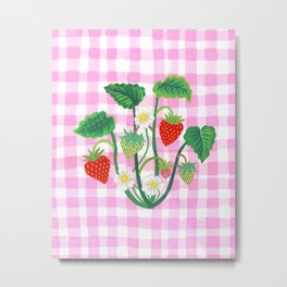 Strawberry Gingham Metal Print | Strawberries, Floral, Berries, Traditional, Strawberry, Fruit, Pattern, Leaves, Gouache, Illustration 