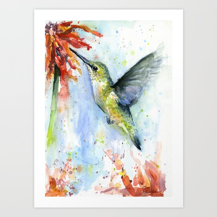Hummingbird Red Flower Watercolor Bird Art Print By Olechka Society6