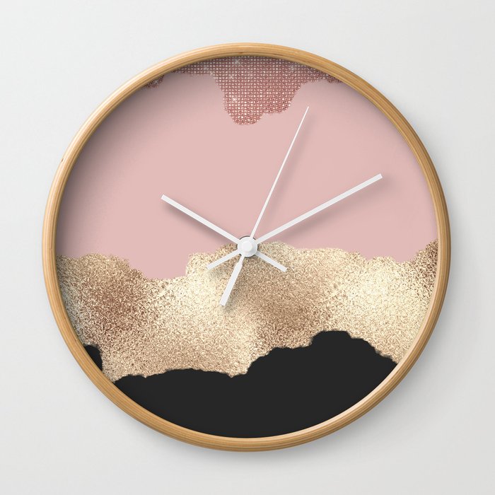 Rose Gold Glitter Black Pink Abstract Girly Art Wall Clock By