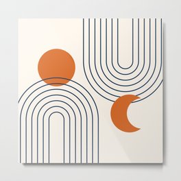 Mid Century Modern Geometric 113 in Navy Blue and Orange (Rainbow and Sun Abstraction) Metal Print | Zen, Modern, Trendy, Boho, Orange, Abstraction, Navyblue, Classy, Sun, Abstract 