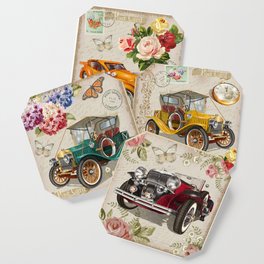 Vintage postcard with retro car and flowers Coaster