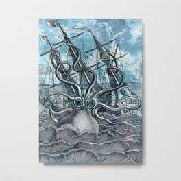 Sea Monster Metal Print | Sail, Ocean, Clam, Graphics, Ship, Antique, Landscape, Monster, Kraken, Blue 