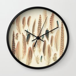 Found Feathers Wall Clock | Color, Darkbrown, Vintage, Cassiabeck, Feathers, Curated, Pheasant, Digital, Photo, Stilllife 