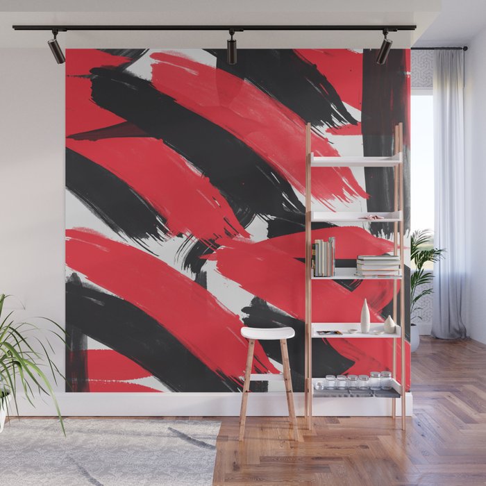 Modern Abstract Black Red Brush Strokes Pattern Wall Mural By