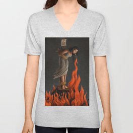 Keep Cool Oil Painting V Neck T Shirt | Oil, Withc, Curated, Digital, 1400, Bruja, Burn, Woman, Lightcigarette, Fire 