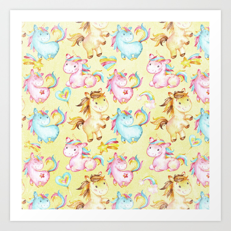 Unicorn Zoo Cute Pastel Unicorn On Yellow Art Print By Cute4kids