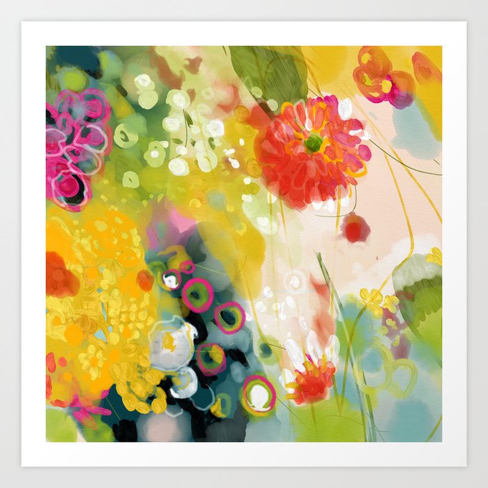 Abstract Floral Art In Yellow Green And Rose Magenta Colors Art