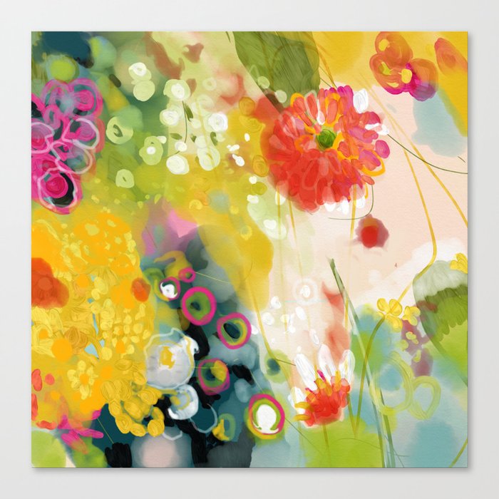 Abstract Floral Art In Yellow Green And Rose Magenta Colors Canvas