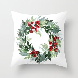 Holly Berry Throw Pillow | Watercolor, Decoration, Bluegreen, Seasonal, Sweetseasonsart, Redberries, Wreath, Holly, Leaves, Kellygreen 