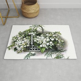 Vintage Lily of the Valley Flower Basket Rug | Abstract, Retrochic, Flowerbasket, Digital, Other, Glam, Vintage, Lilyofthevalley, Love, Ink 