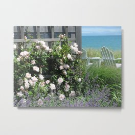 Seaside Respite Metal Print | Pinkroses, Ocean, Flowers, Color, Photo, Nantucket, Seasideflowers, Pink, Oceanview, Adirondackchair 