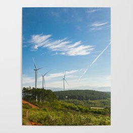 Wind turbines on the beautiful blue sky and on the tea field Poster