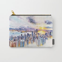 Hong Kong Carry-All Pouch | Sunset, Cityview, Original, Handdrawn, Landscapepainting, Painting, Watercolor, Victoriaharbour, Hongkong 