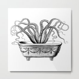 Tentacles in the Tub | Octopus in Bath | Vintage Octopus | Black and White | Metal Print | Seacreatures, Tentacles, Monochrome, Octopusinbath, Fun, Vintageoctopus, Humour, Bathtime, Bathroomdecor, Quirky 