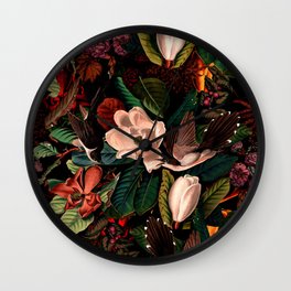 FLORAL AND BIRDS XIV Wall Clock | Homedecor, Curated, Black, Jungle, Floral, Animal, Leaf, Vintage, Painting, Retro 