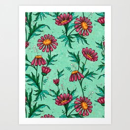 Pink daisies on sage green, bright floral pattern Art Print