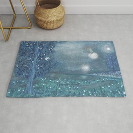 Spring Rug | Woman, Divine, Rising, Moon, Dreamy, Dancing, Blue, Stars, Night, Colored Pencil 