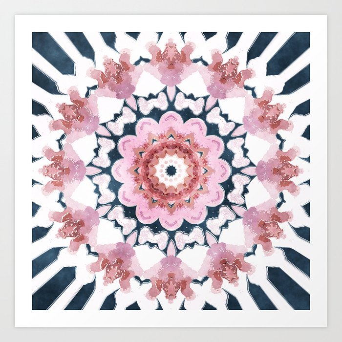 Watercolor Navy Blue White Pink Abstract Mandala Art Print By